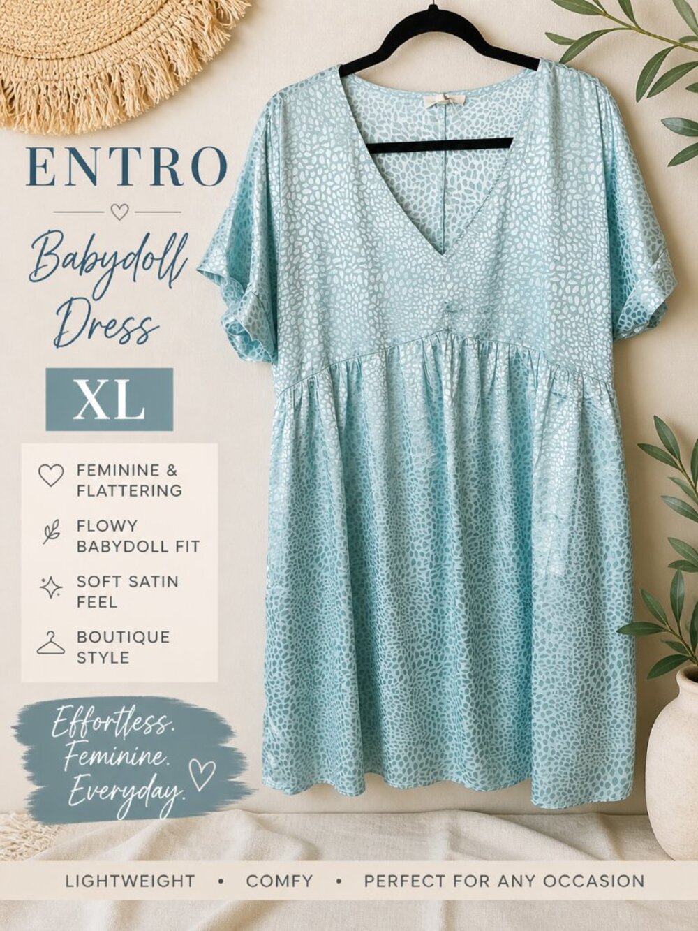 Entro Babydoll Dress XL Blue Satin V-Neck Flowy Tiered Boutique Chic